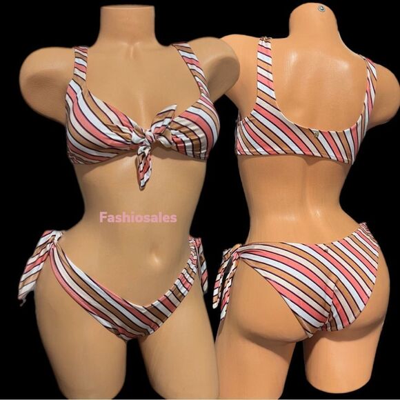 Victoria’s Secret Swim Tie-front Bralette Bikini Top & Bottom Set Warm stripes - Picture 2 of 9